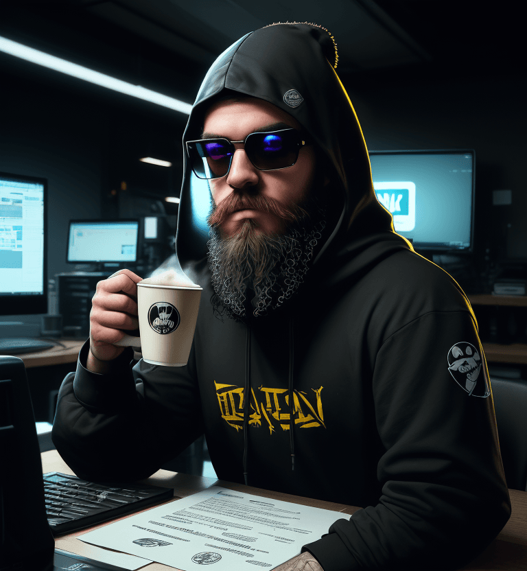 AI generated: hacker, darkroom, coder, computer, man, medium beard, cool, grunge, (typing), ultra-detailed and det...