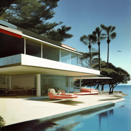 AI generated: Hyper realistic eye level exterior photo of a mid century modern style house overlooking the ocean, ...