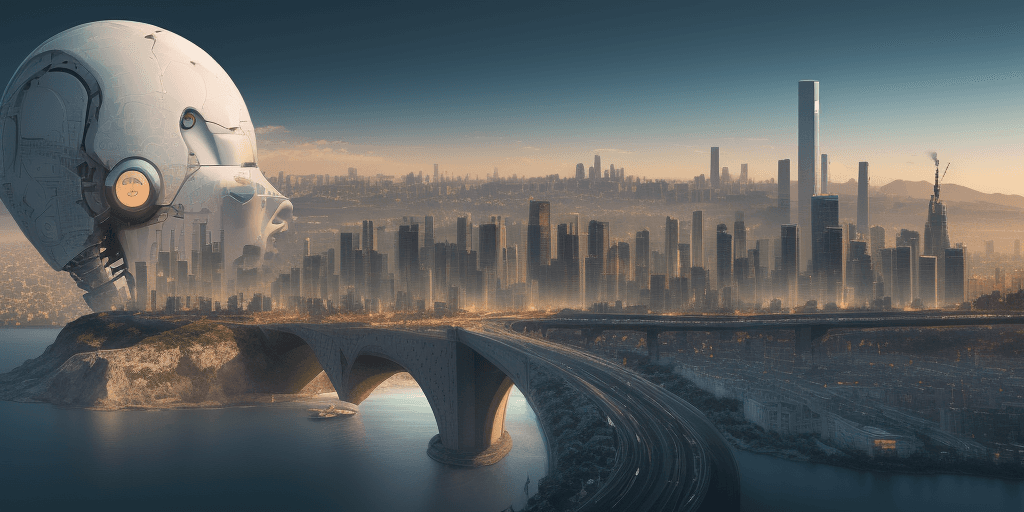 AI generated: Create a graphic that shows an AI model on a journey of helping many humans with a city landscape in...