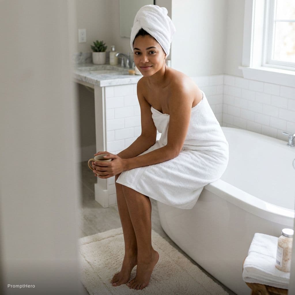 AI generated: create another image of the same model with the towel posing differently
