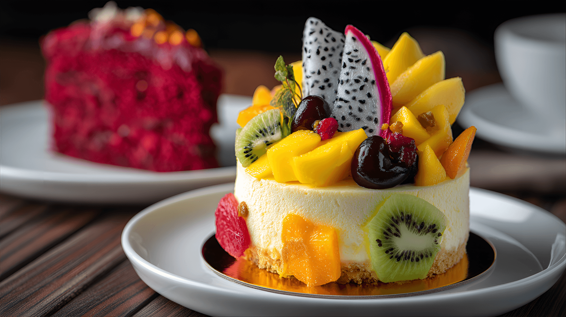 AI generated: small, decorative cheesecake dessert, adorned with fresh fruit.  Close-up,  showing a round, pale ye...