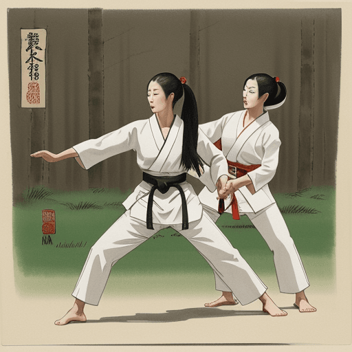 AI generated: two Japanese women karate fighting in a forest, in the style of traditional Japanese ink painting, t...