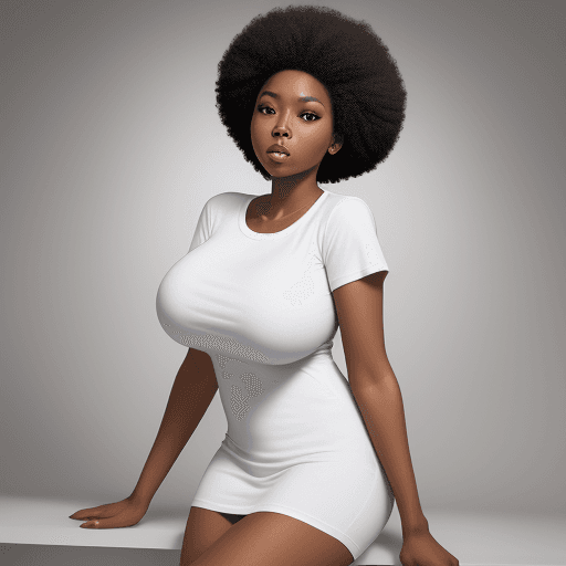 AI generated: black woman in a white t-shirt, in the style of sterling silver highlights, afro hair, very big boob...