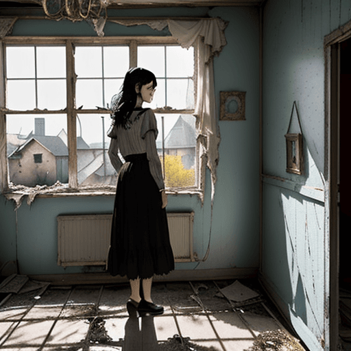 AI generated: Black haired woman, standing near a windows inside a shabby house, the weather outside is pleasant a...