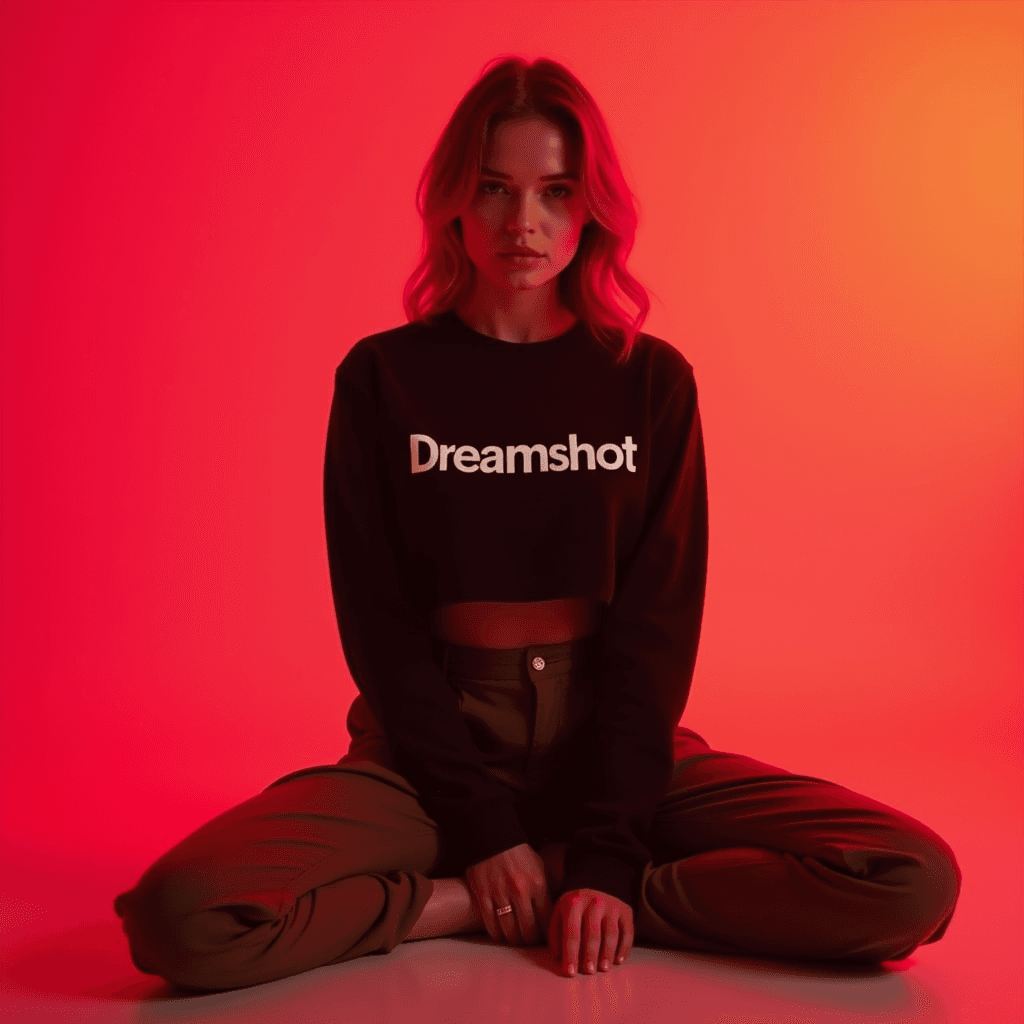 AI generated: wide and low angle, cinematic, fashion photography for the brand Dreamshot. Woman sitting on floor w...