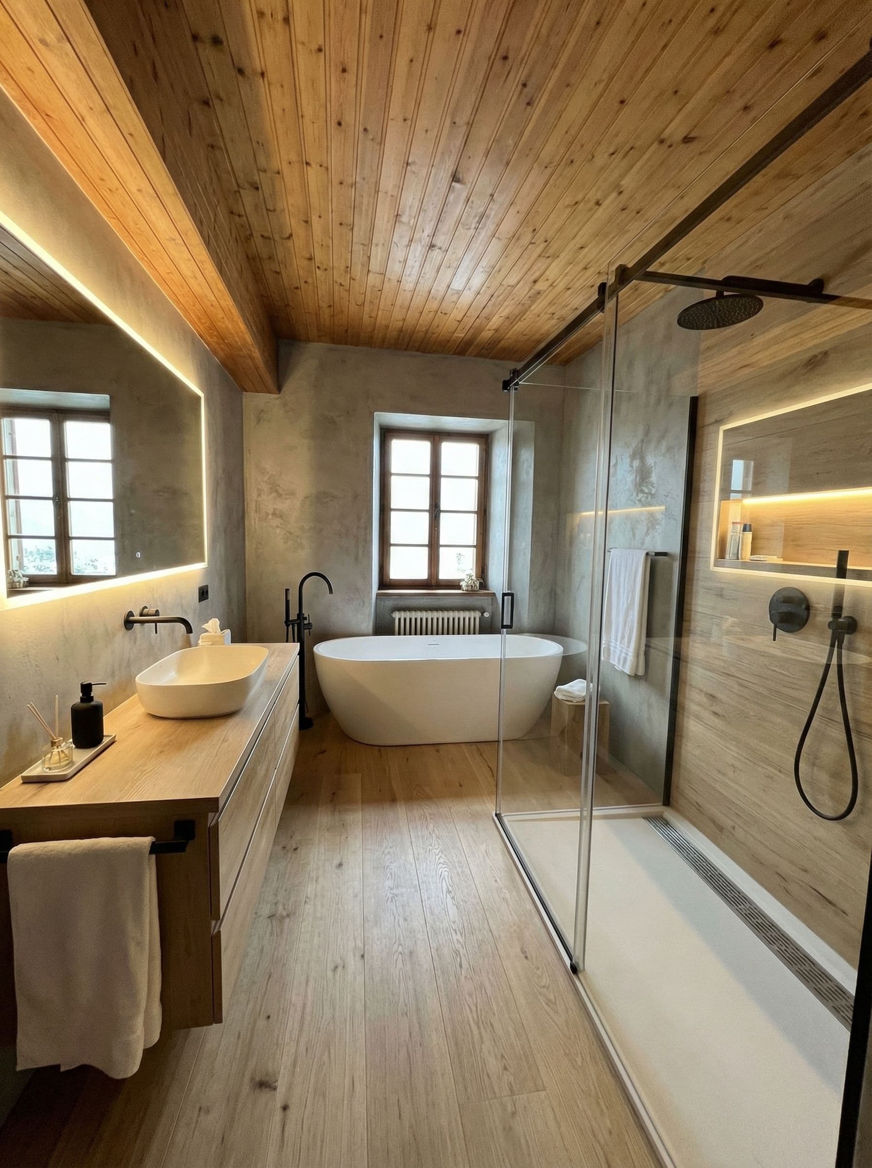 AI generated: convierte esta habitacion en un bano.
 el bano tiene que tener banera y ducha. madera clara en el ba...