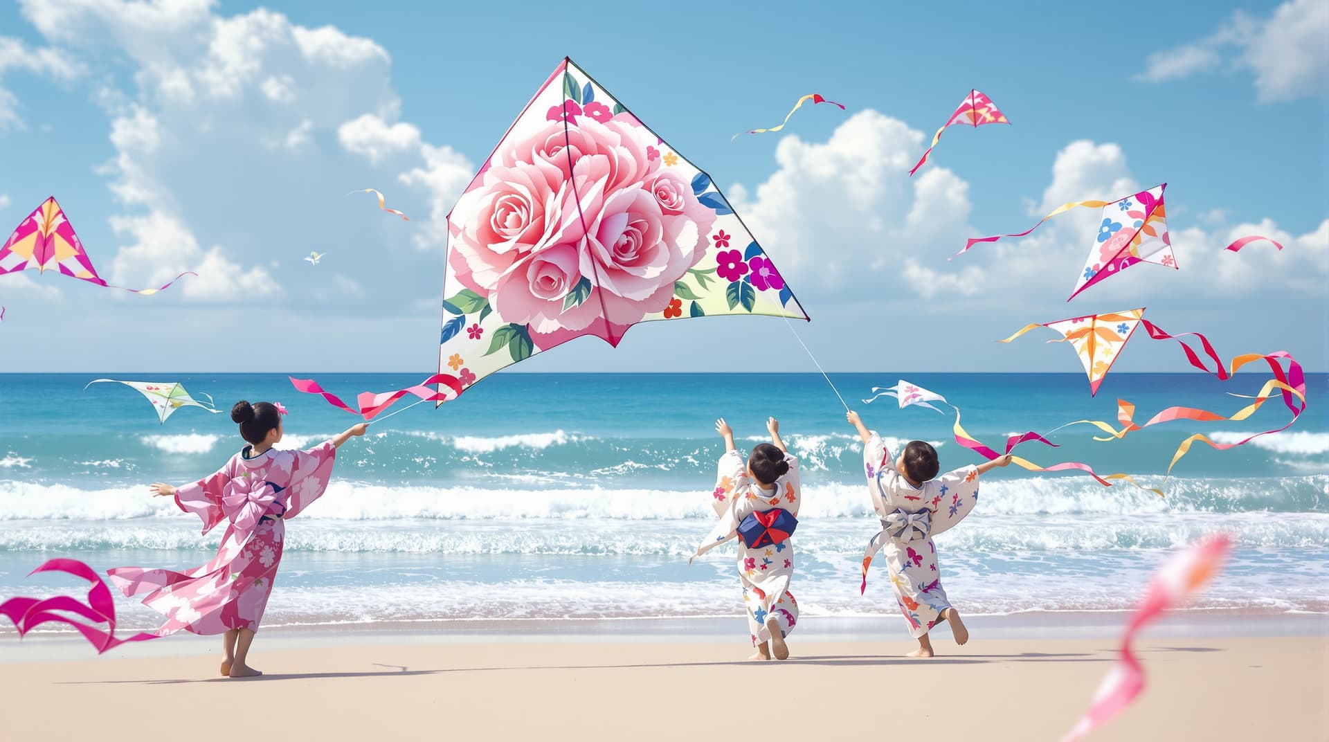 AI generated:  japanese children in traditional kimono on a beach flying 3d kite with   large rose flower design p...