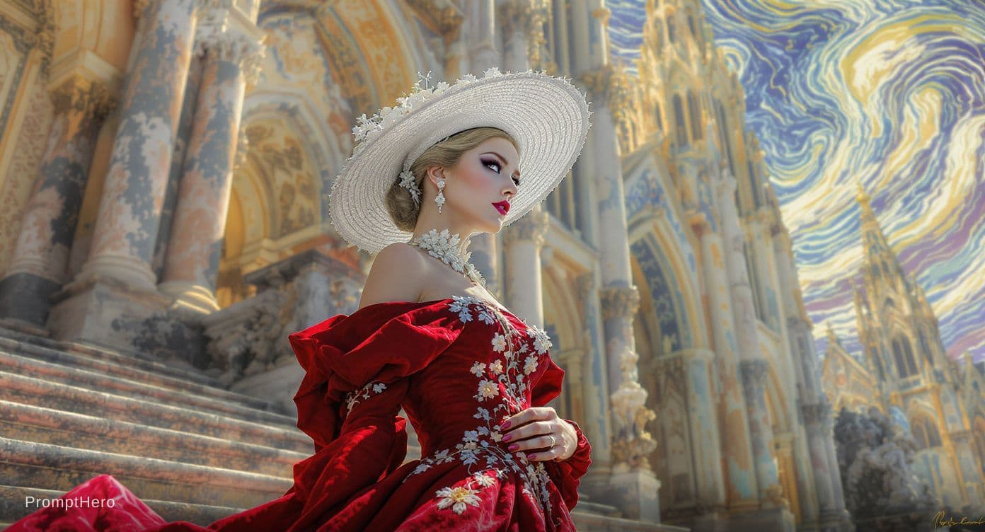 AI generated: An elegant woman wearing a white hat adorned with delicate embroidered flowers, dressed in a flowing...