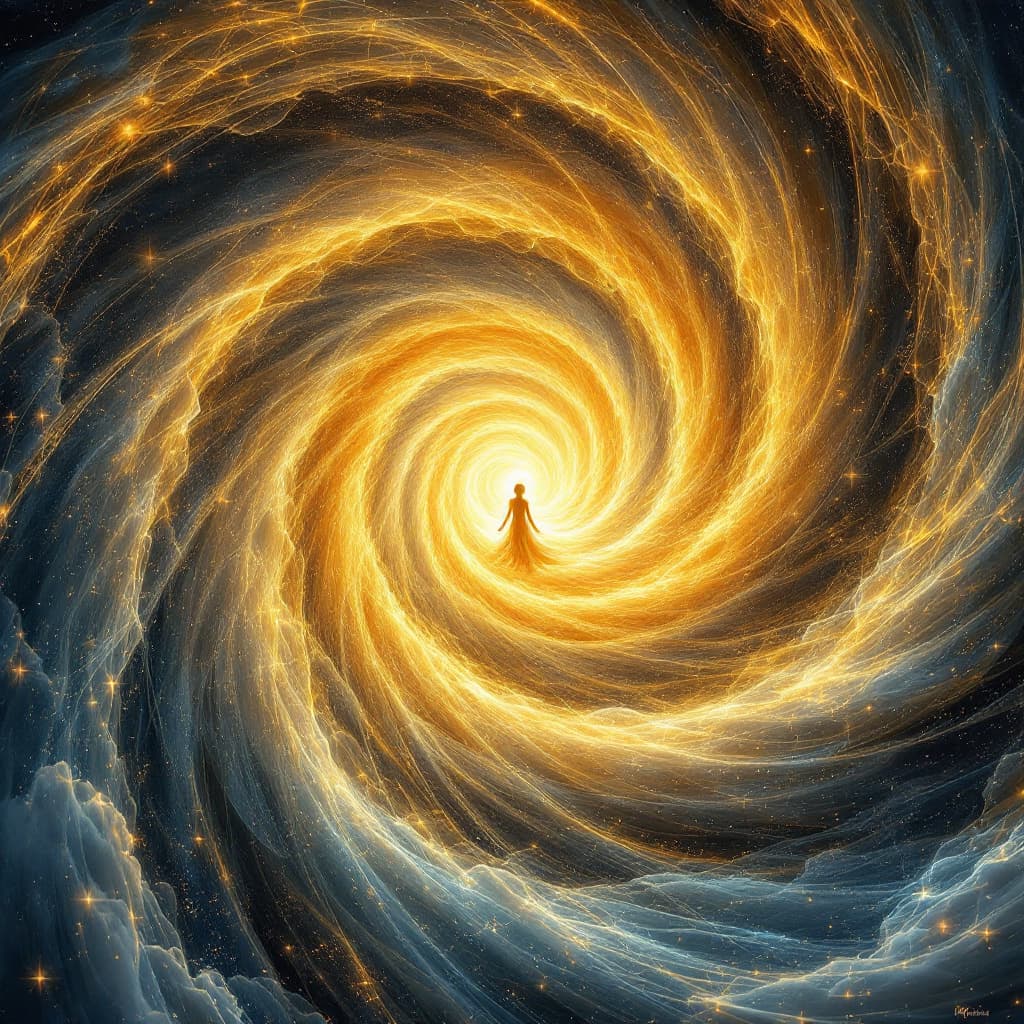 AI generated: A colossal spiral of energy waves emanates from a galactic center, where a glowing Daffsen being flo...