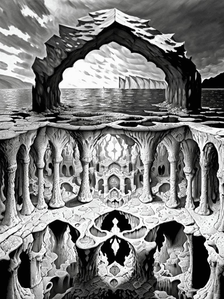 AI generated: (iceberg), fantasy painting, award-winning painting, dry brush painting, (black and white), cinemati...