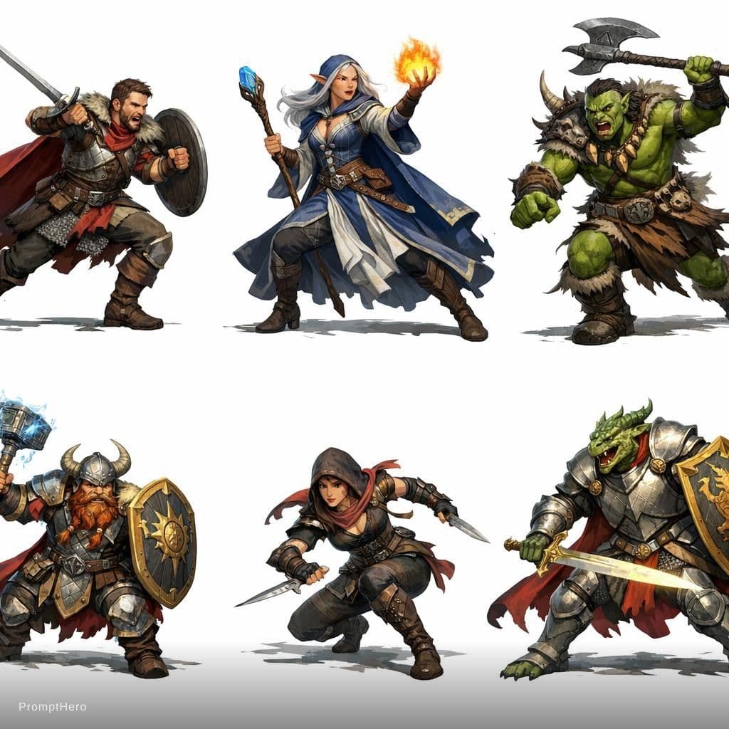 AI generated: Fantasy Character in Dungeon and Dragons fighting poses on white background