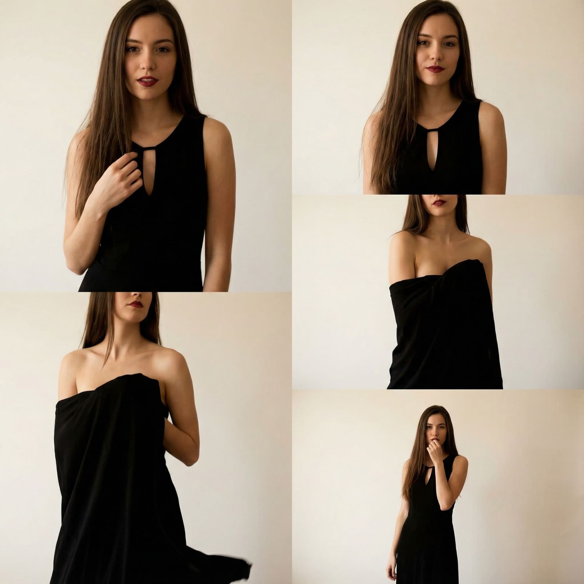 AI generated: In this sensual video, a young woman with long, straight, dark brown hair poses against a plain, lig...