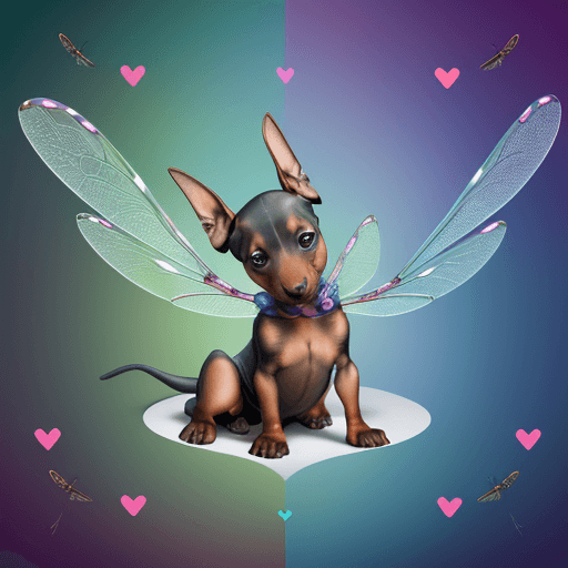AI generated: the Doberman baby, drawn to its joyful energy. A friendly dragonfly companion, with opalescent wings...