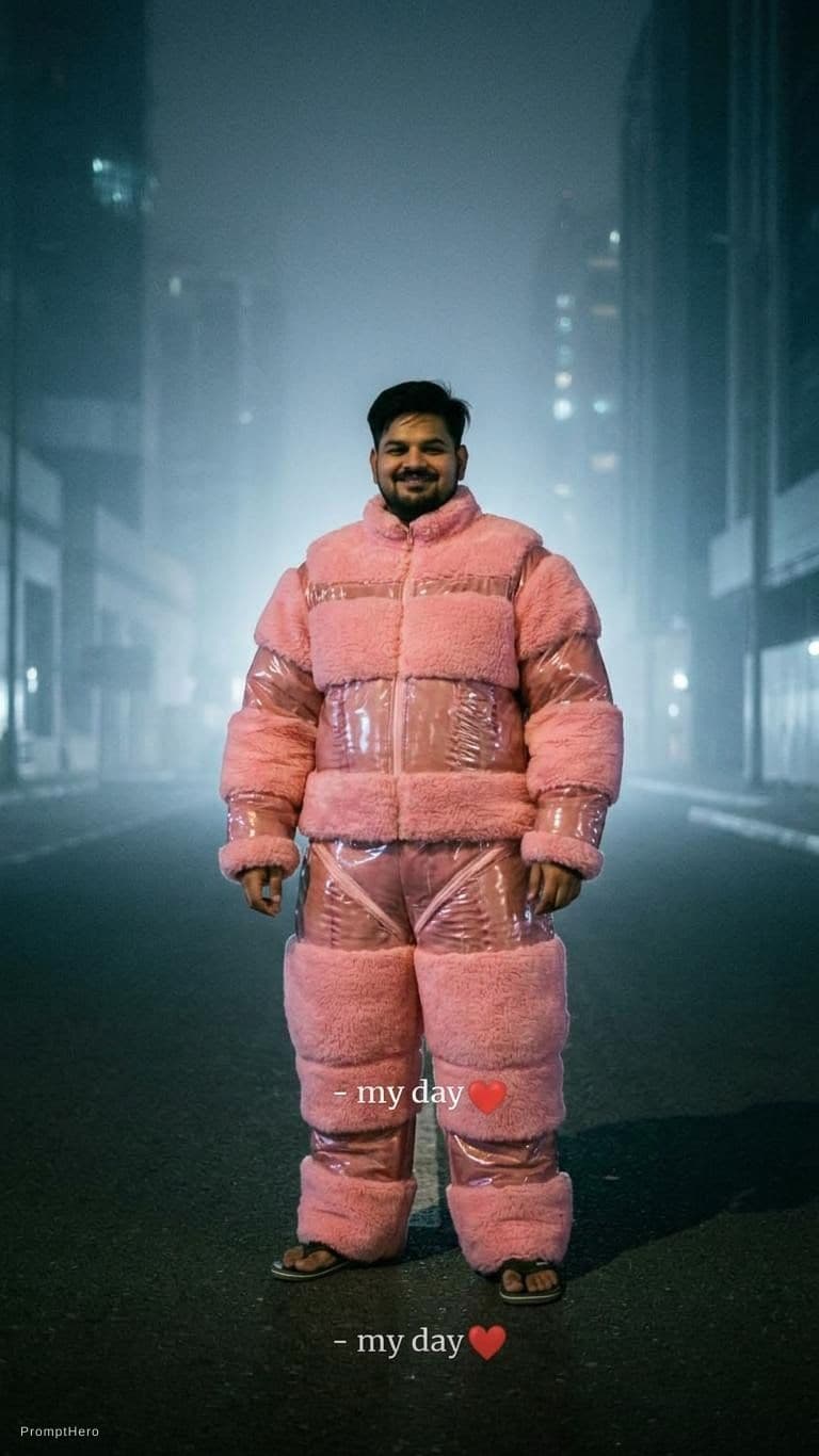 AI generated: fashion photography, man model in full-body, front central view, wearing an oversized fluffy and vin...