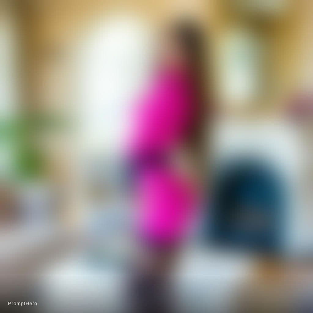 AI generated: The image shows a young woman posing in a luxurious living room. She is standing in front of a white...