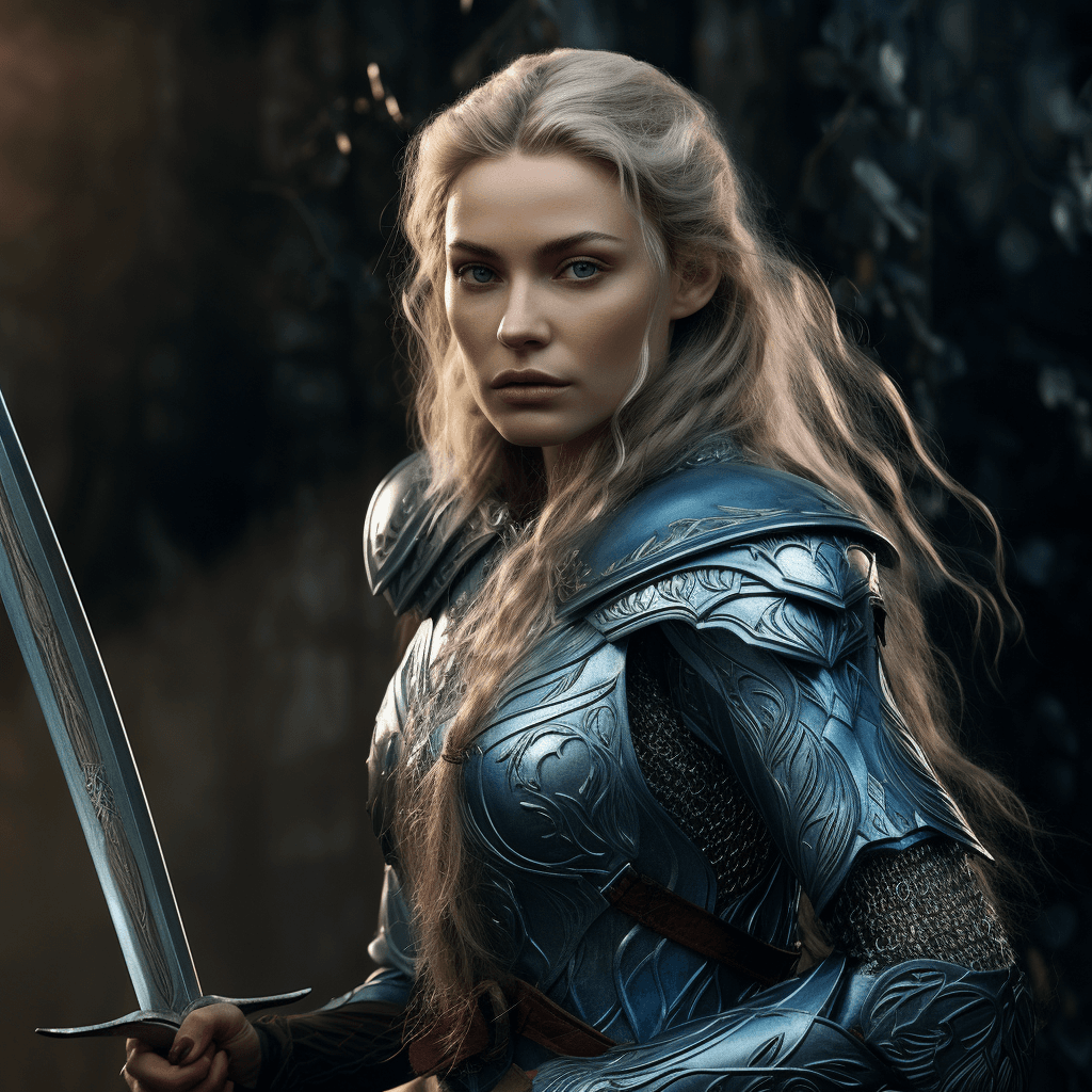 AI generated: A mature female Elf of Lorien who is a handmaiden for a noble. She is wielding a sword and shield in...