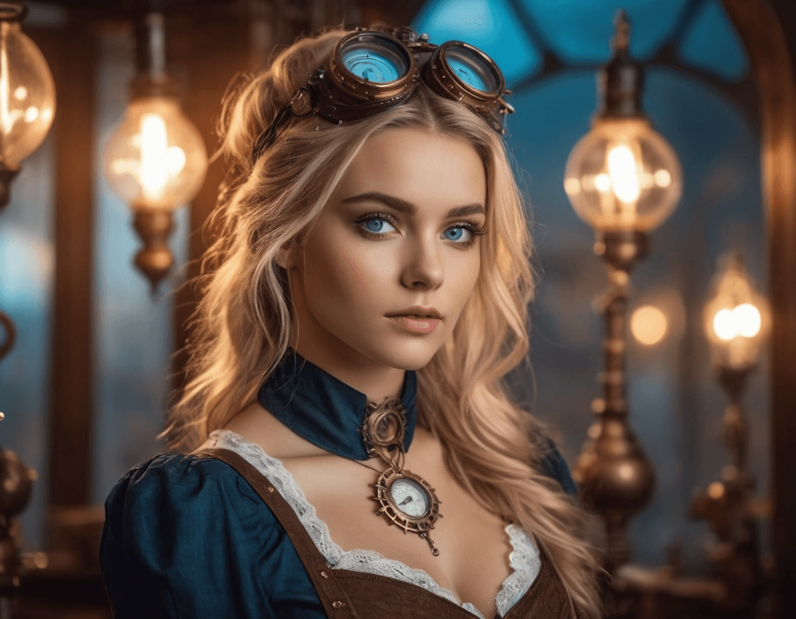 AI generated: Steampunk Girl
, Warm Color Palette, Light Mode, Light Blue Foreground, Cinematic Lighting, blue Ey...