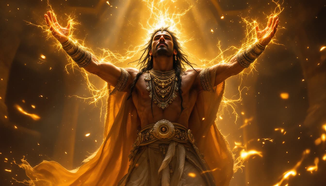 AI generated: Low-Angle – The Warrior with His Arms Outstretched Before the Divine (Reverence, Surrender, Power)
H...