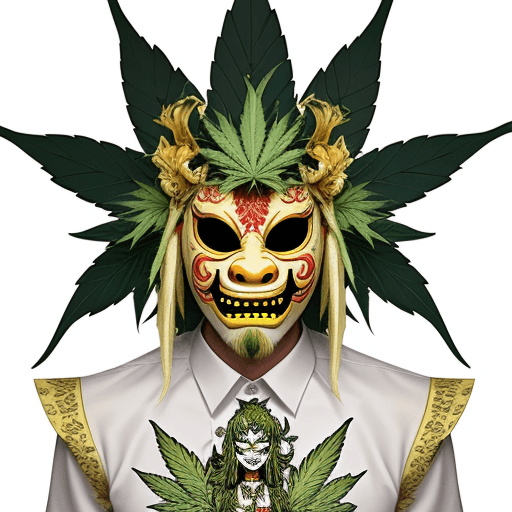 AI generated: Barong Mask, high quality, avec feuille de cannabis en coiffe