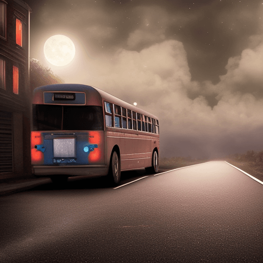 AI generated: side view of a long strange bus at a distance, in a dark alley, in the middle of the night, moonligh...