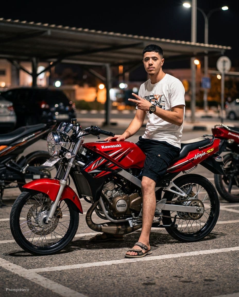 AI generated: A young man sits sideways on a red motorcycle in an urban parking area at night. The pose appears re...