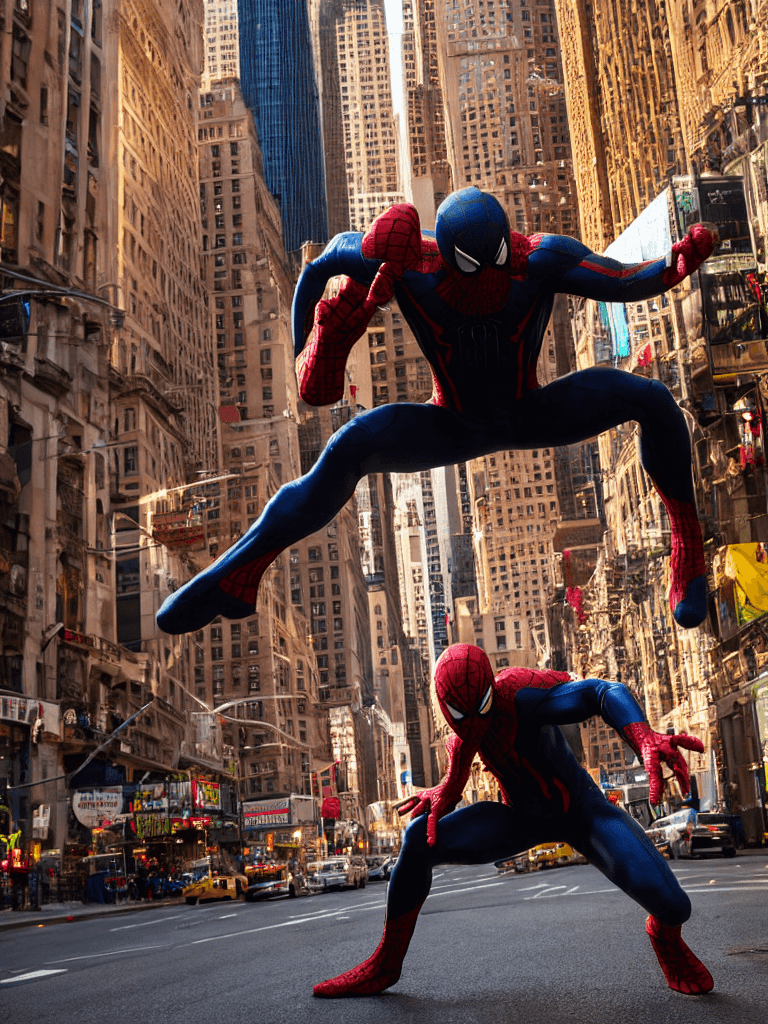 AI generated: venom suit spider man, New york street as background, ray traicing,High detail color photo, a profes...