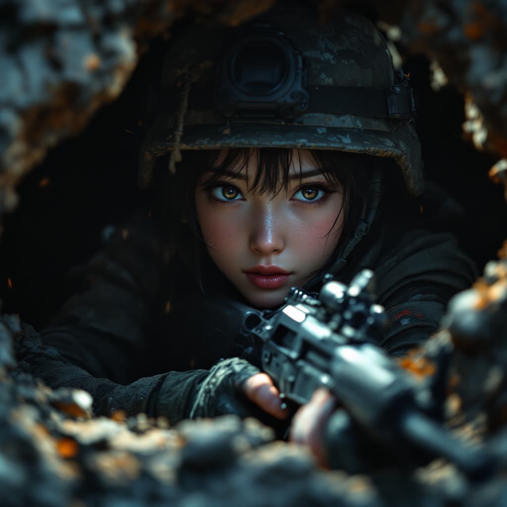AI generated: a pretty young female soldier ,Japanese anime ,in a foxhole, gripping the rifle tightly, with a phot...