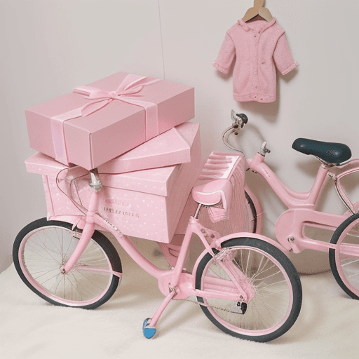 AI generated: A pile of pink gift boxes for a newborn girl, with a toy bicycle in the middle, childlike image