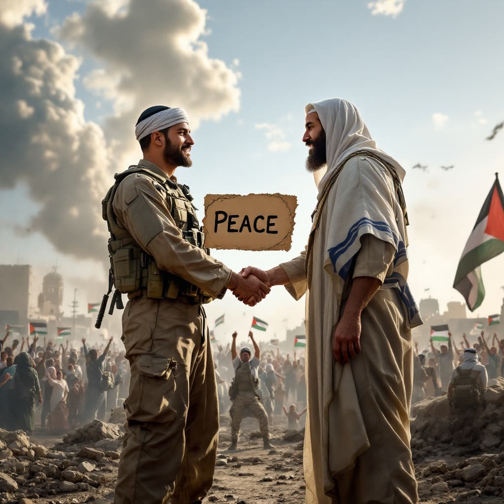 AI generated: Create a realistic image for me of two solider shaking hands holding a file that says peace. One dre...