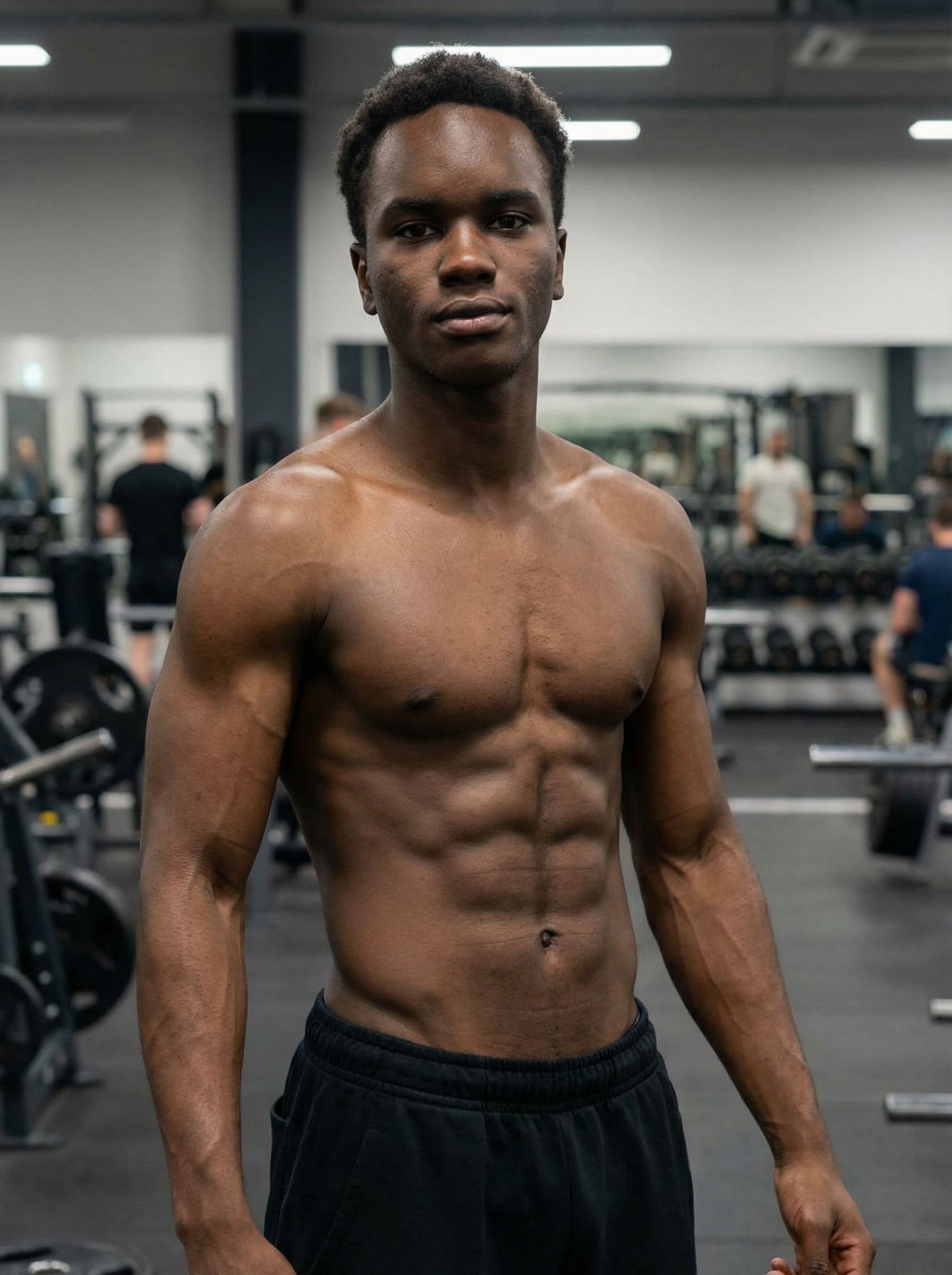 AI generated: Ultra-realistic gym photo of a 19-year-old athletic male, natural lean muscular build, visible 10-pa...