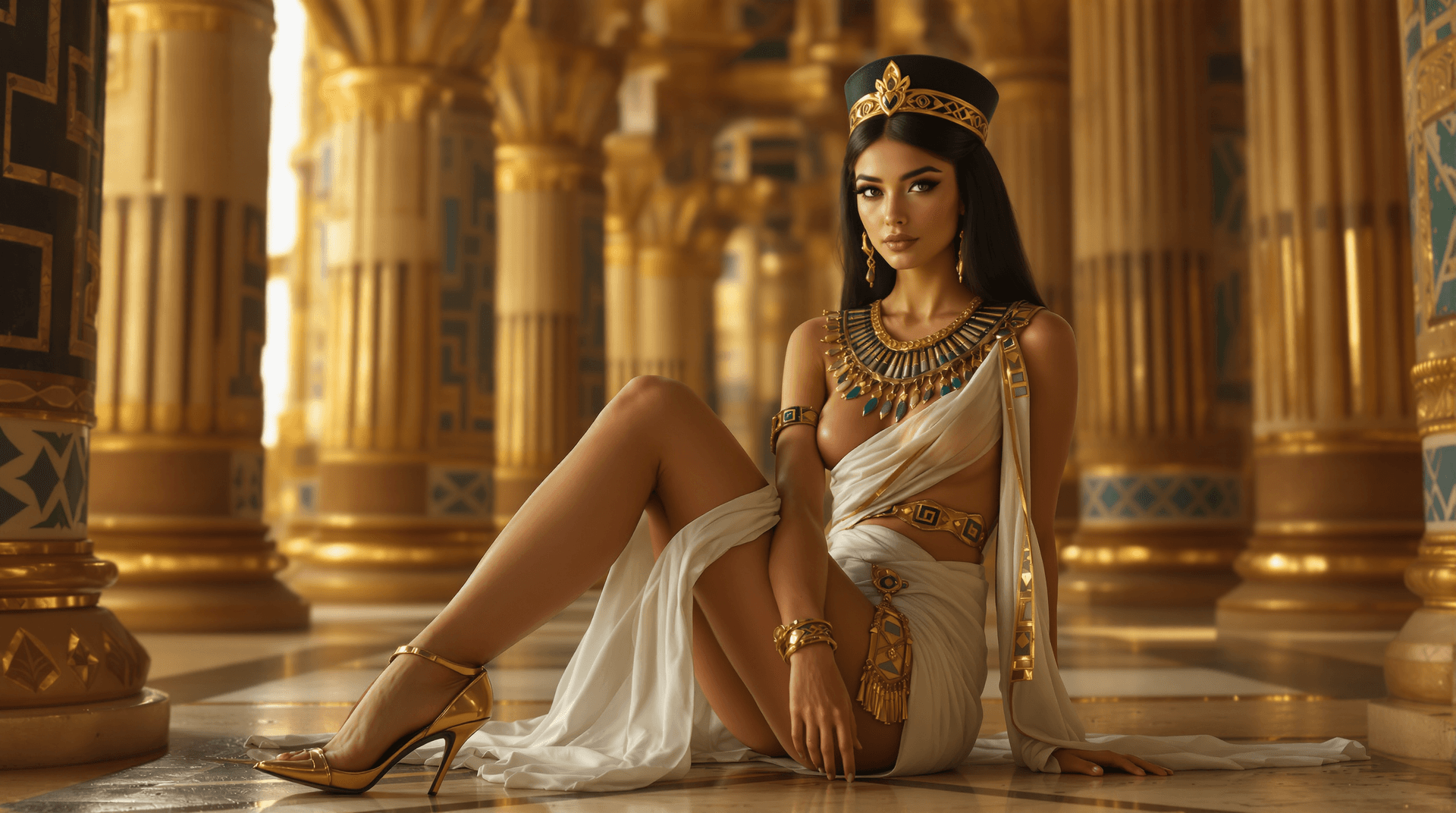 AI generated: A photo of a 20 year old a egypt queen, super exposing pharoah clothes, young, natural, necklace, hi...