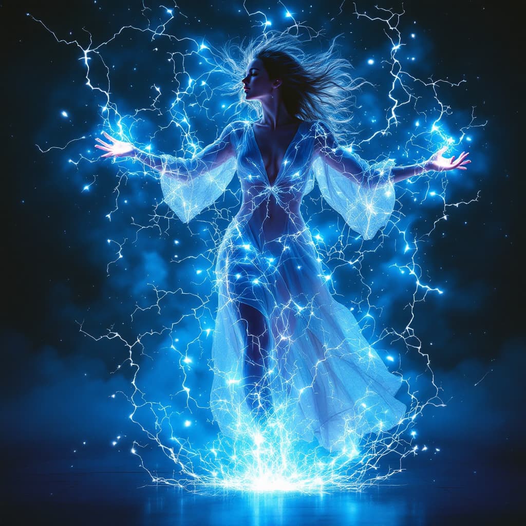 AI generated: A playful energy conductor, where her form seems to dance and shift with the very power she manipula...