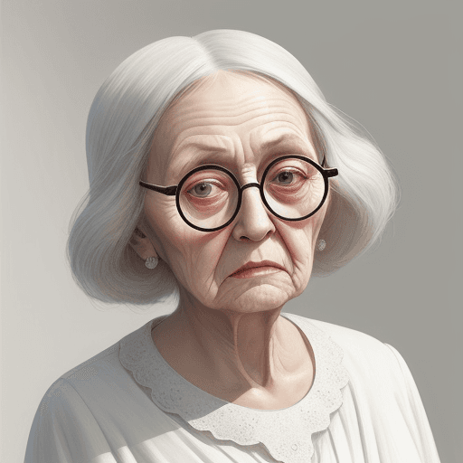 AI generated: old grumpy lady, really big round glasses, long white dress, photorealistic