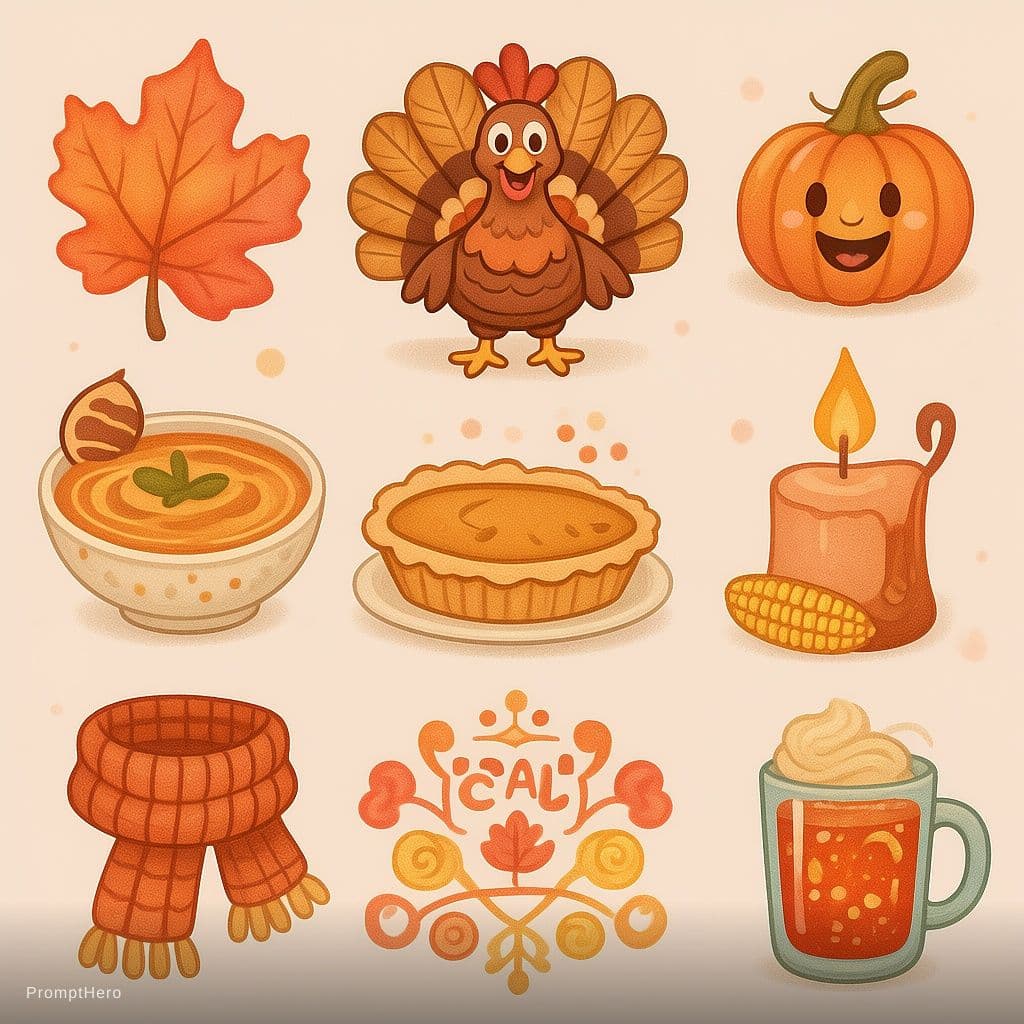 AI generated: “Set of 8–10 cute hand-drawn vector icons featuring Thanksgiving and cozy autumn celebration themes,...