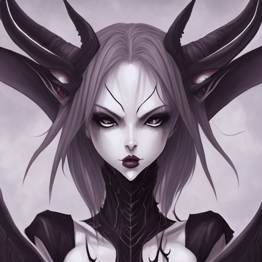 AI generated: A beautiful demon girl. Slender body. (Full body.) Beautiful symmetrical demon horns. Demon wings. (...