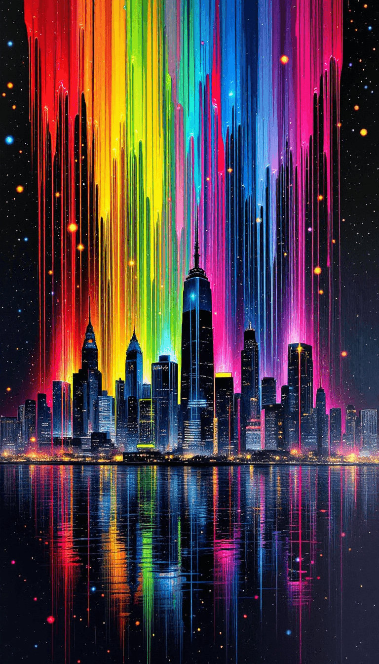 AI generated: A vibrant city skyline at night, illuminated by glowing neon lights reflecting beautifully off the w...