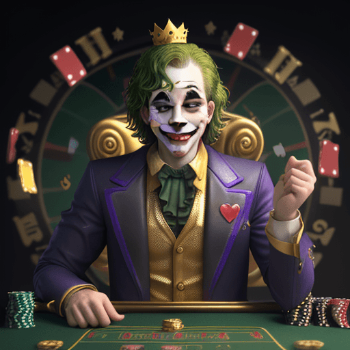 AI generated: happy joker with shining crown on head, giving you sparkling gold coins, casino chips on background,...