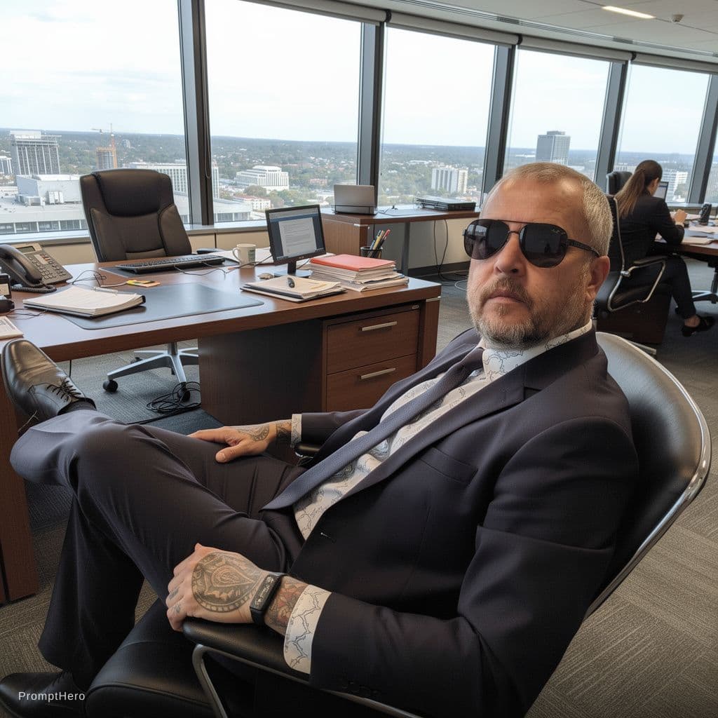 AI generated: a confident older man with tattoos all over in a fancy suit, kicking back in a office