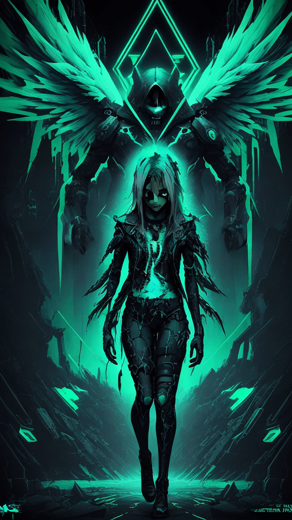 AI generated: digital art by zacharlta, in the style of green and cyan, angelcore, poster art, crowcore, depicts r...