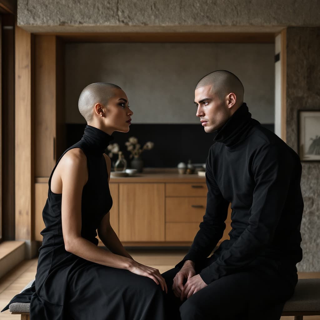 AI generated: “Two models with shaved heads, one femme and one masc, dressed in minimalist black garments, sitting...