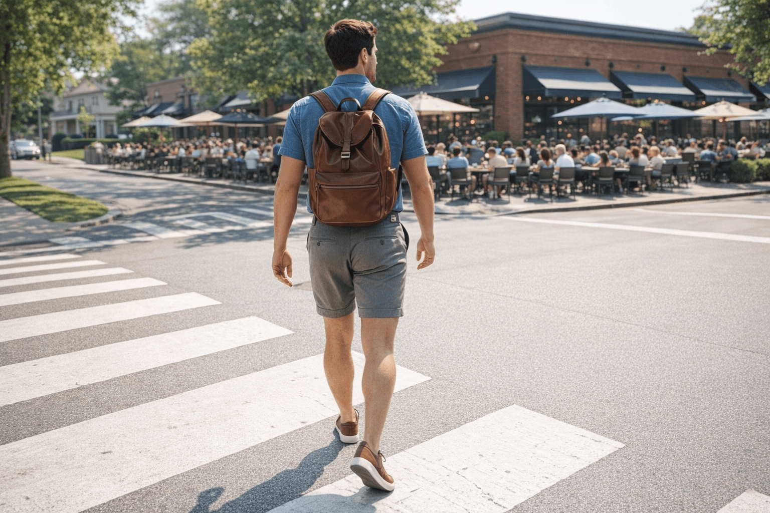 AI generated: In a sunny morning at a nice neighborhood. The model is crossing the street towards a large-one full...