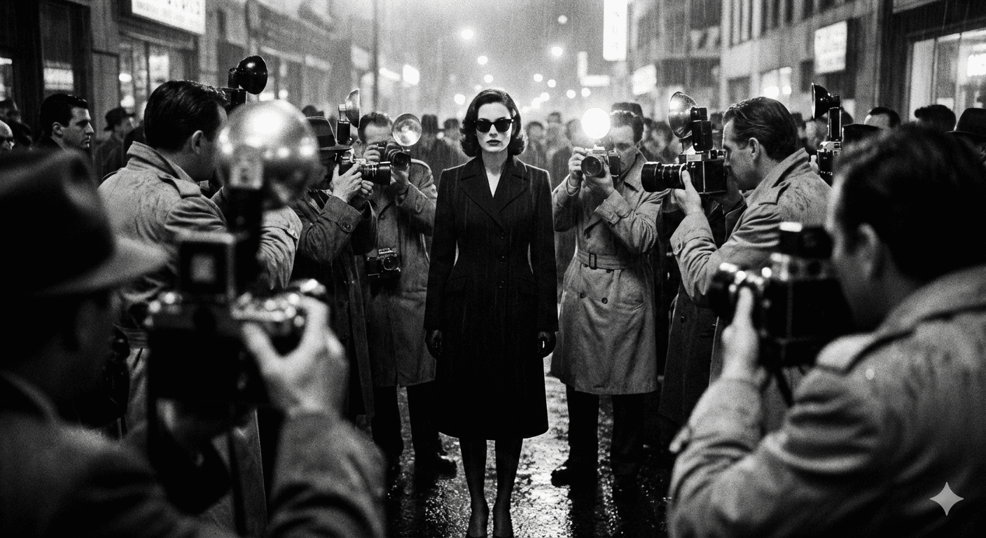 AI generated: A striking black-and-white cinematic photograph of a mysterious woman standing calm and composed in ...
