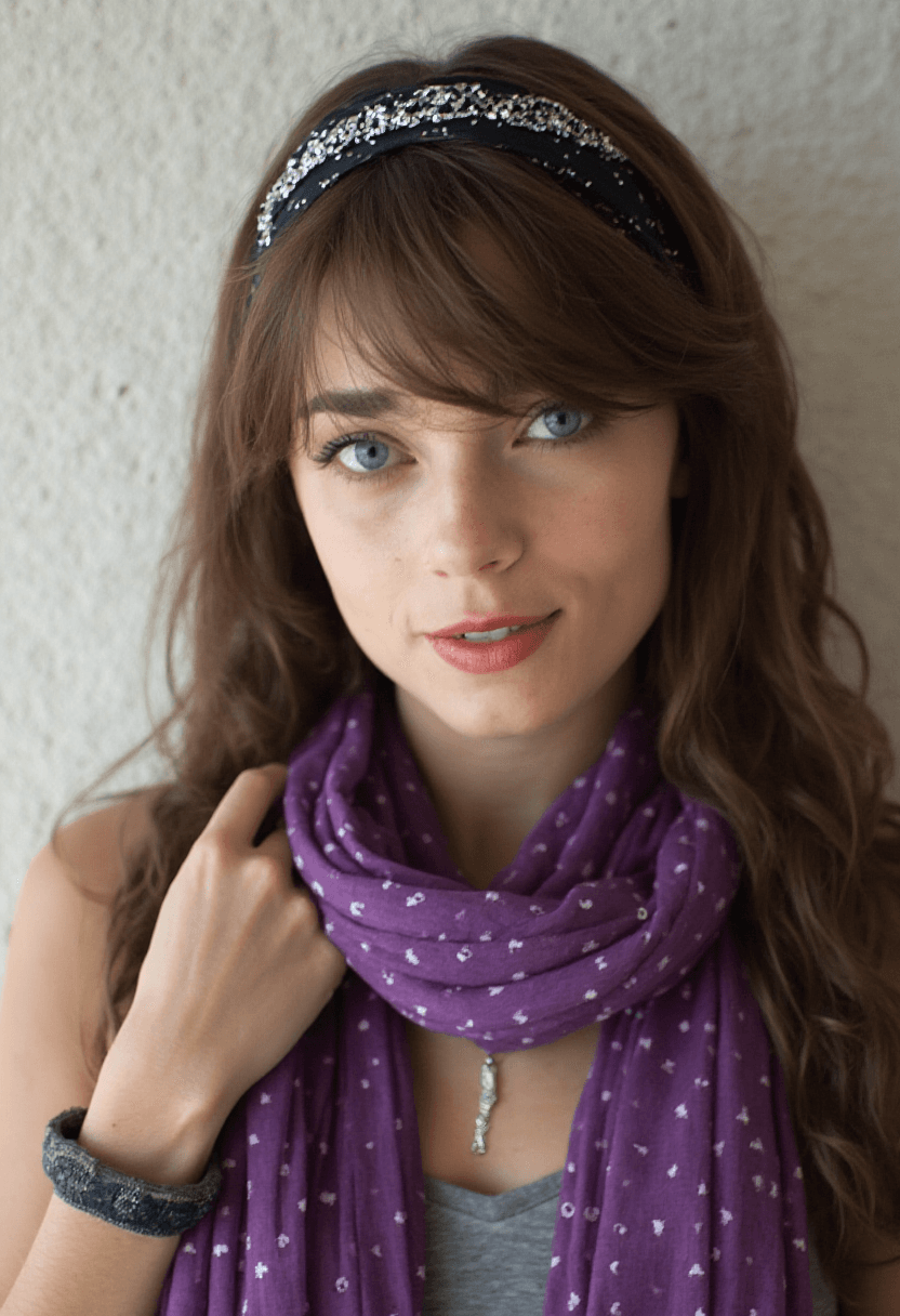 AI generated: Create a close-up portrait of a fit adult woman with long brown hair, styled with bangs, wearing a p...