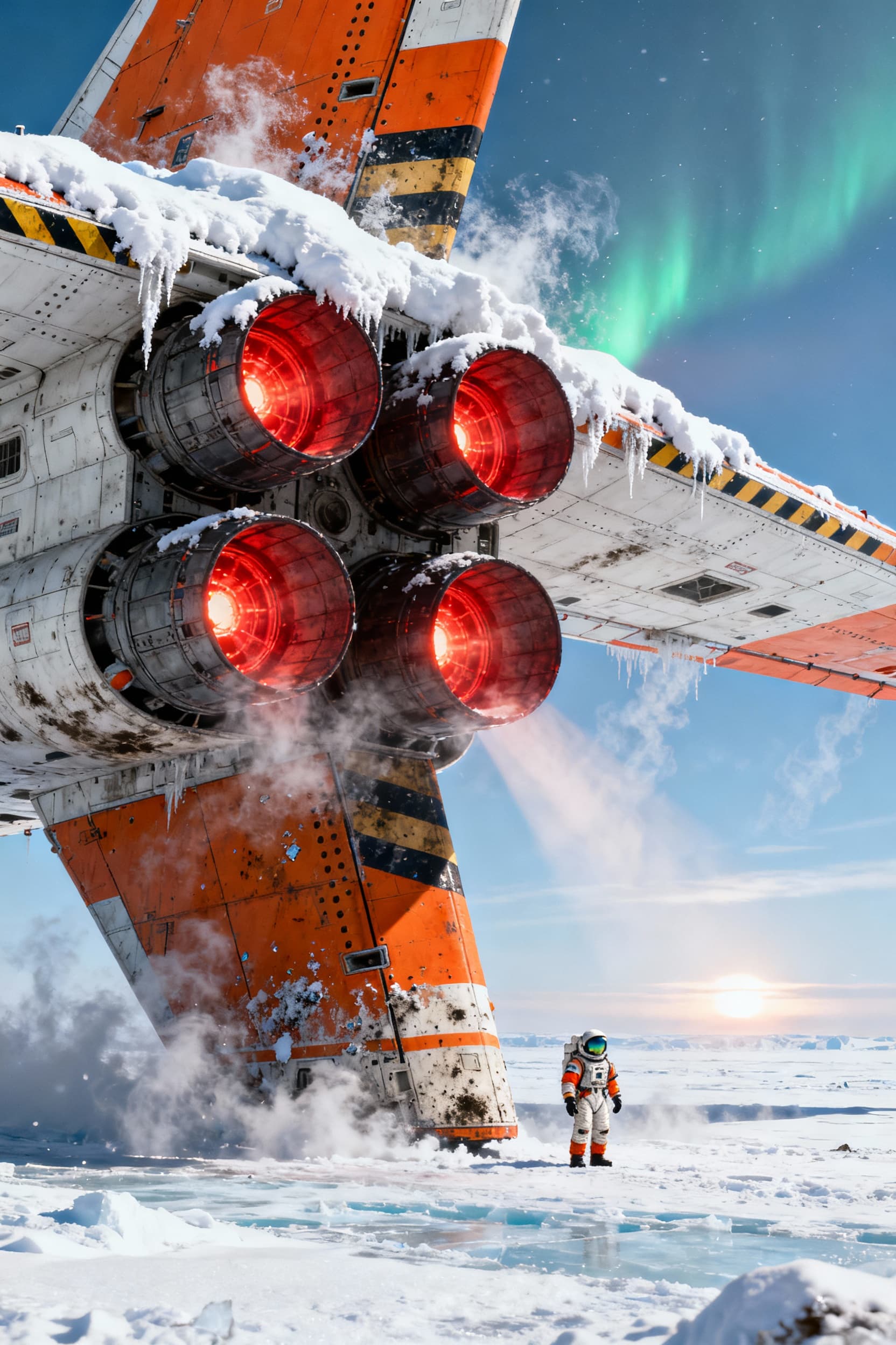 AI generated: Enormous orange-and-white retro-futuristic spacecraft dominating the vertical frame with gigantic fi...