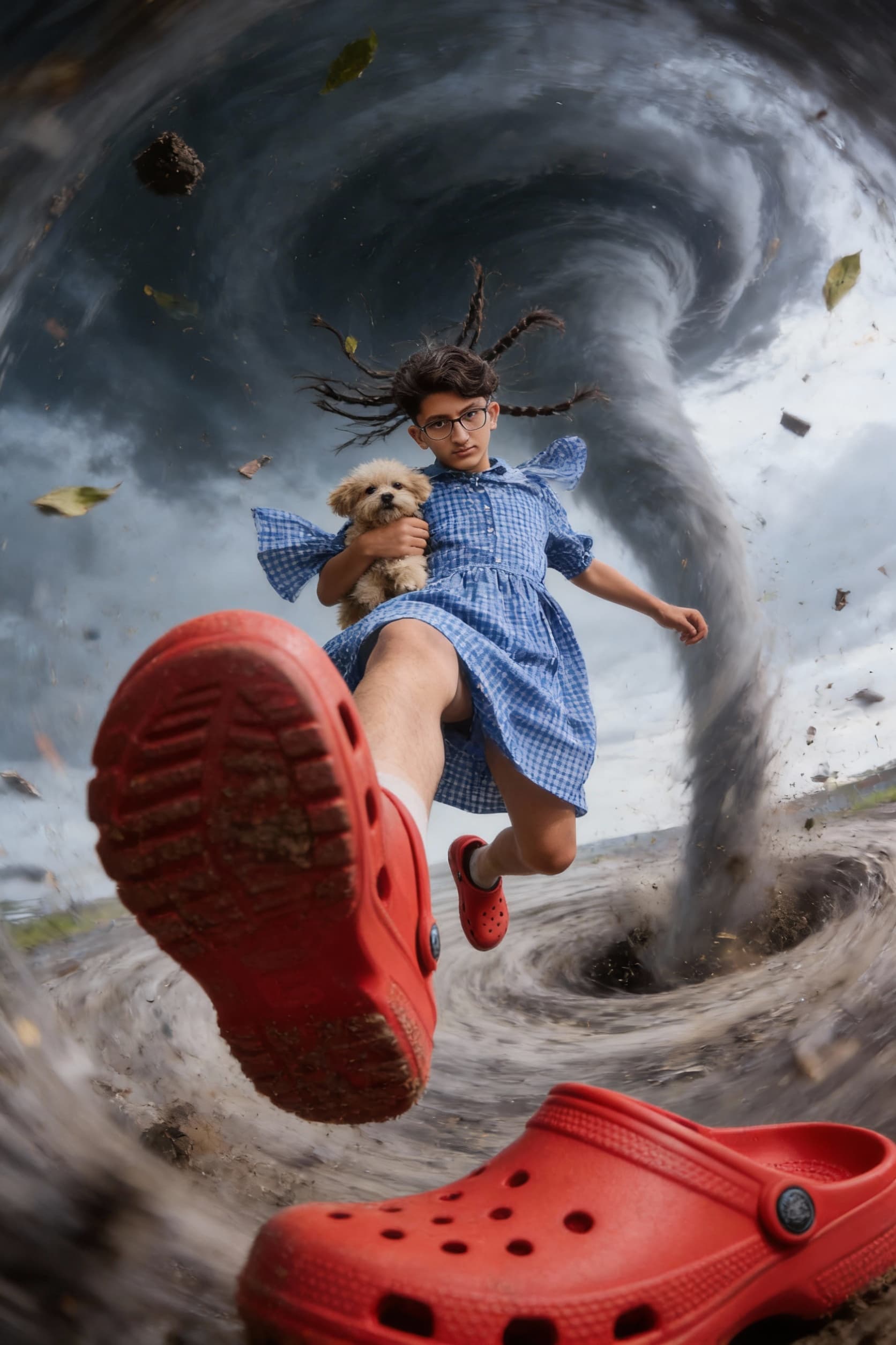 AI generated: {
  "scene": {
    "setting": "inside a swirling tornado",
    "mood": "dramatic and surreal",
    "...