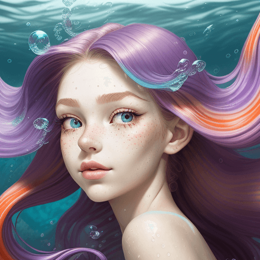 AI generated: Frontal portrait of a whimsical and colorful woman resembling a mermaid or siren. Fair complexion, y...