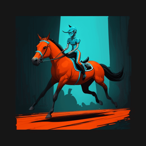 AI generated: 
jockey horse and rider illustration, 2d game art style, cyan and orange, 32k uhd, necropunk, wallpa...