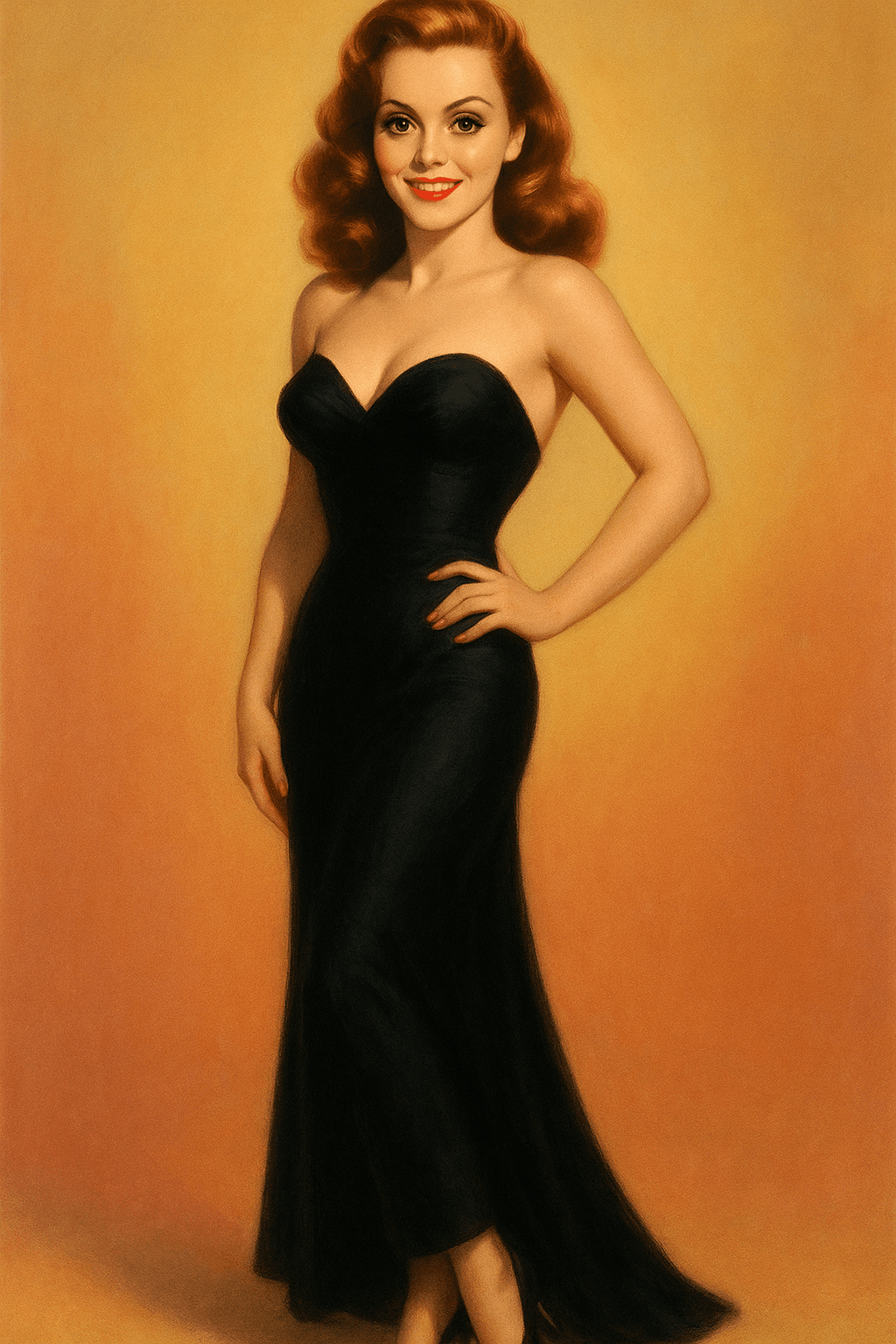 AI generated: Illustration pin-up glamour années 1940, inspirée du style de Rolf Armstrong. Portrait en pied de l’...