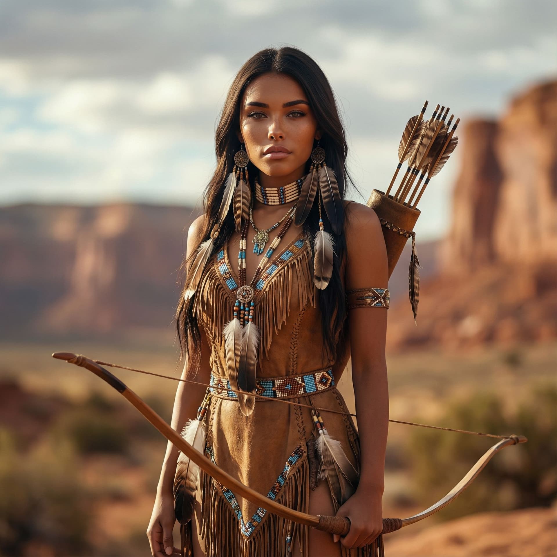 AI generated: mdjrny-v4 style portrait photograph of Madison Beer as Pocahontas, young beautiful native  black afr...