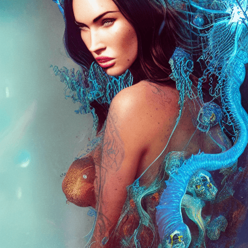 AI generated: megan fox 8k Goddess close-up portrait ribcagel. jellyfish phoenix head, nautilus, orchid, skull, be...